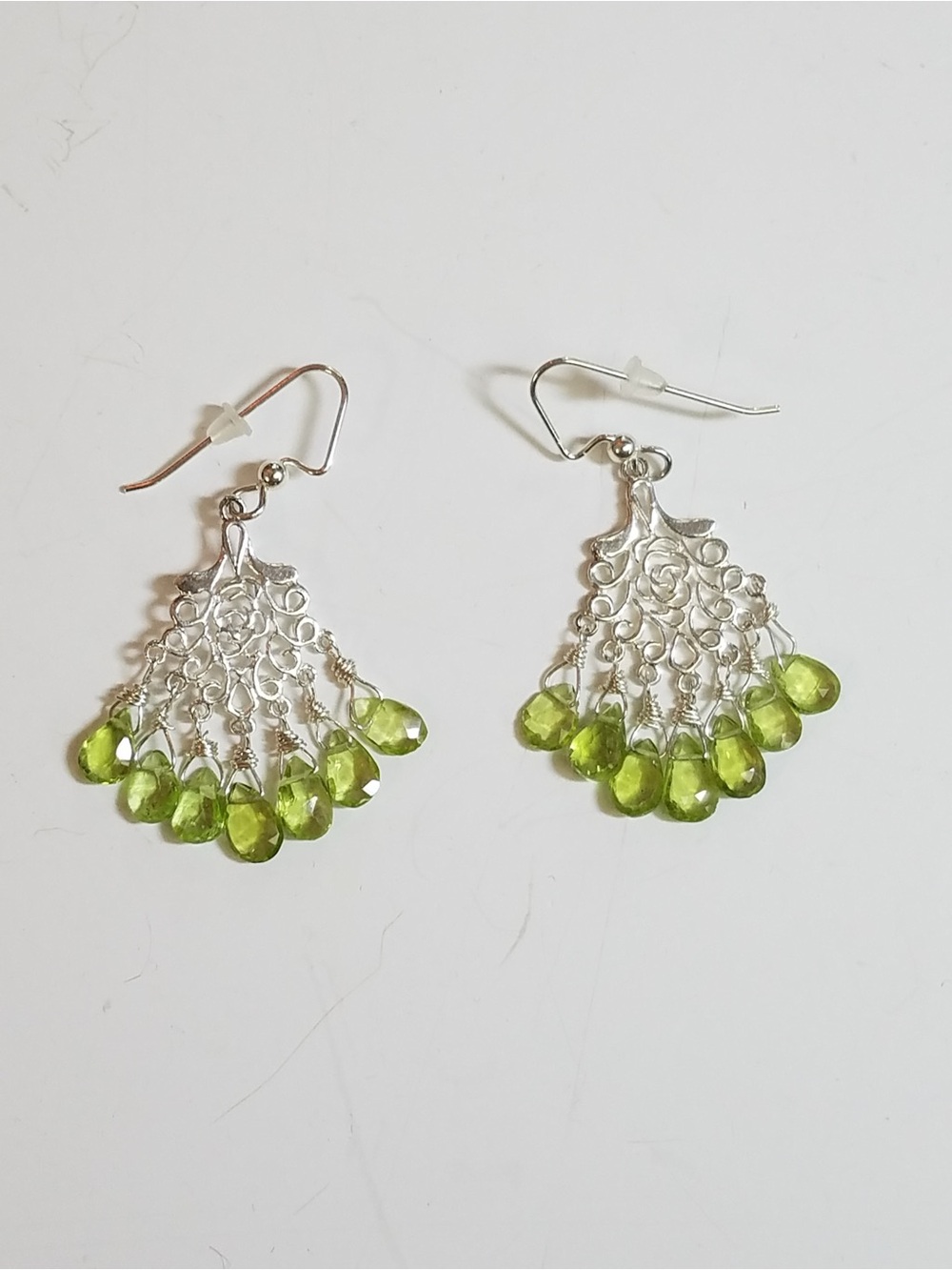 Silver Filigree Earrings with Lime Green Teardrop Beads